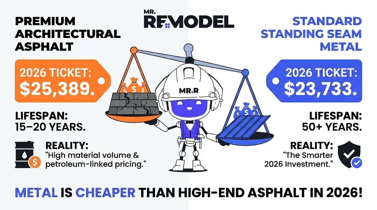 A 2026 roofing cost summary infographic showing the price paradox where standard metal roofing ($23,733) has become more affordable than premium architectural asphalt shingles ($25,389).